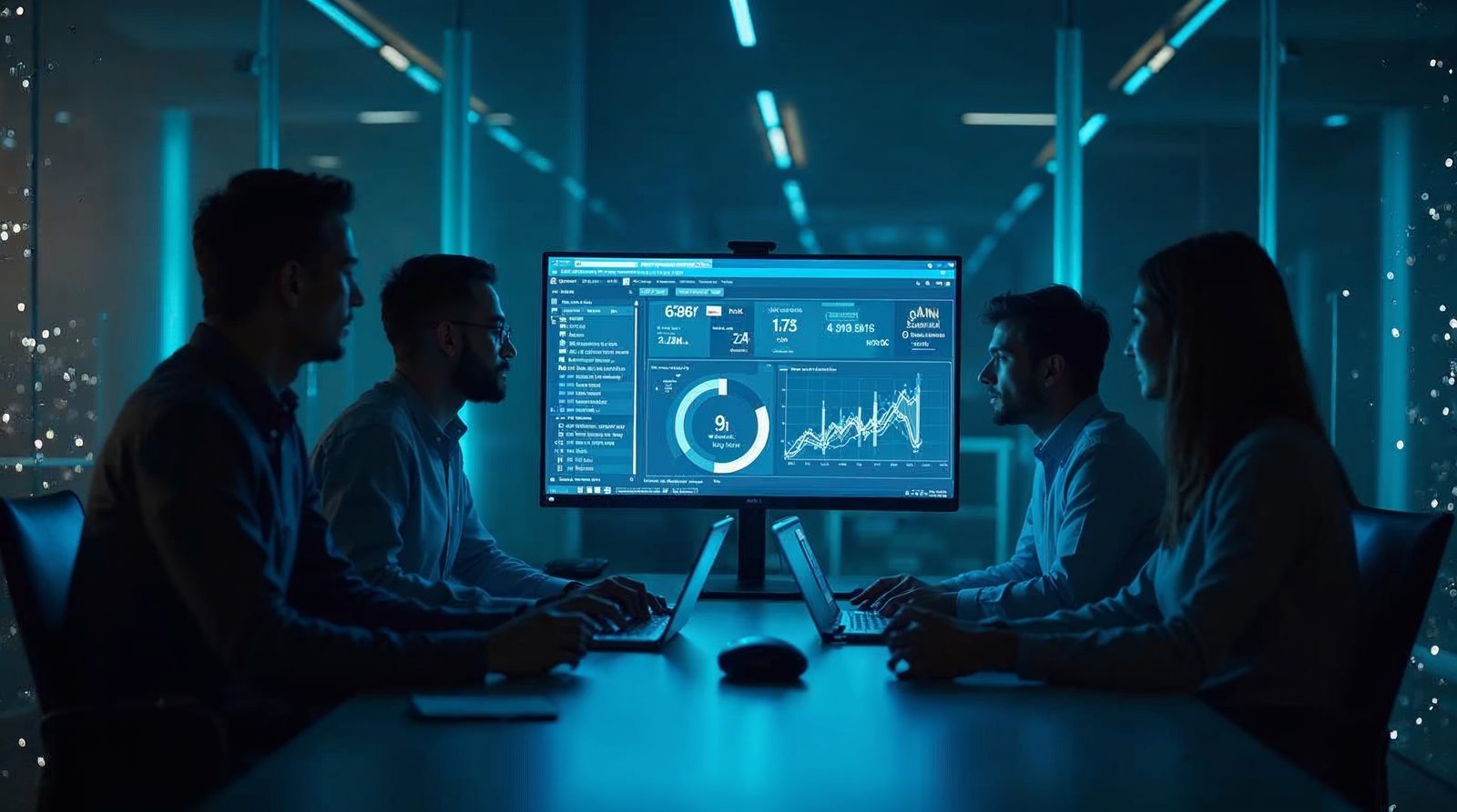 Equipo pyme con dashboard de herramientas IA