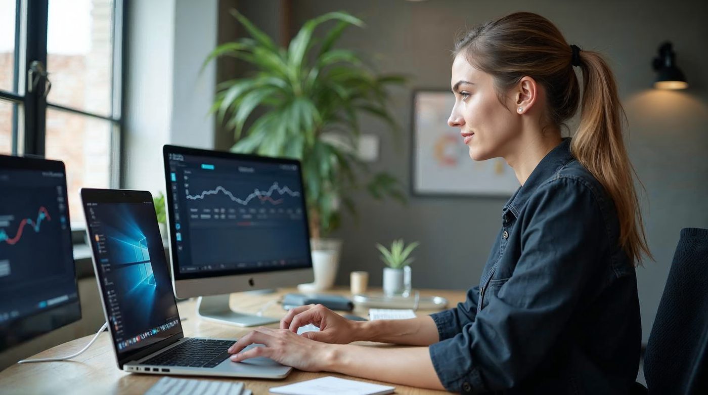 Dueña de pyme con varios laptops mostrando herramientas IA