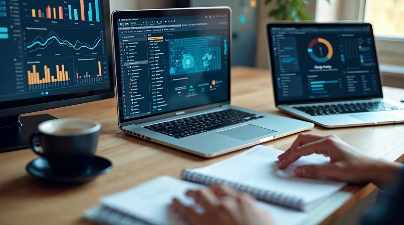Multiple device screens showing AI tools dashboards