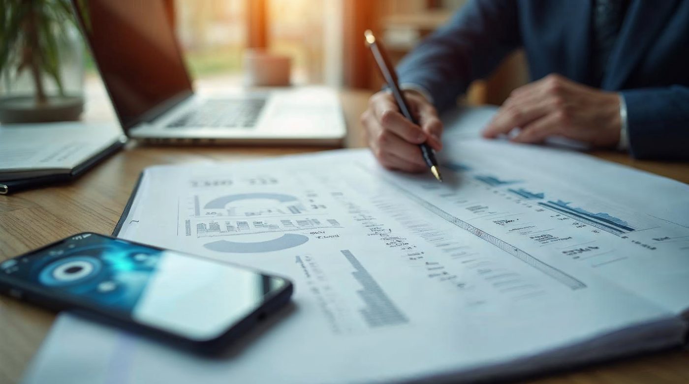 Escritorio ejecutivo con cuaderno y dashboard senior