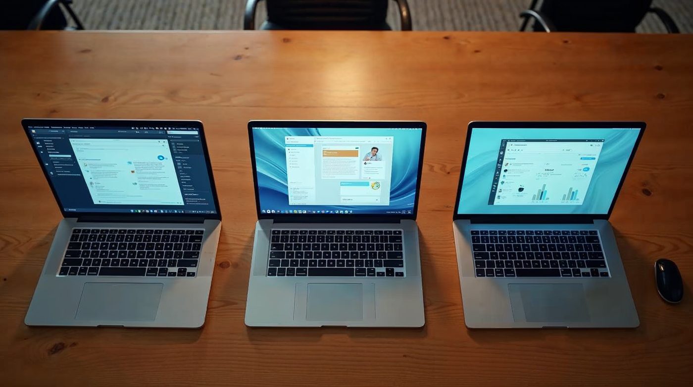 Tres laptops mostrando ChatGPT, Claude y Gemini en comparación