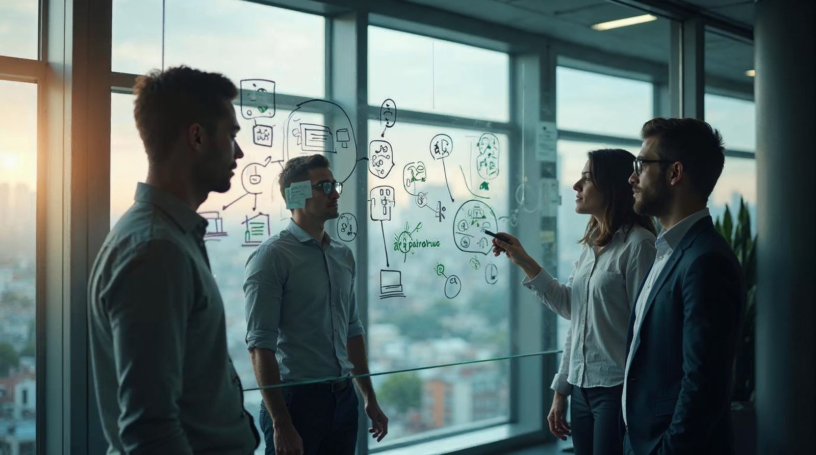 Equipo startup brainstorming con IA en glass whiteboard