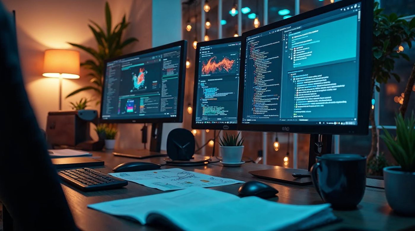 Workspace startup con monitores mostrando IA, código y diseño