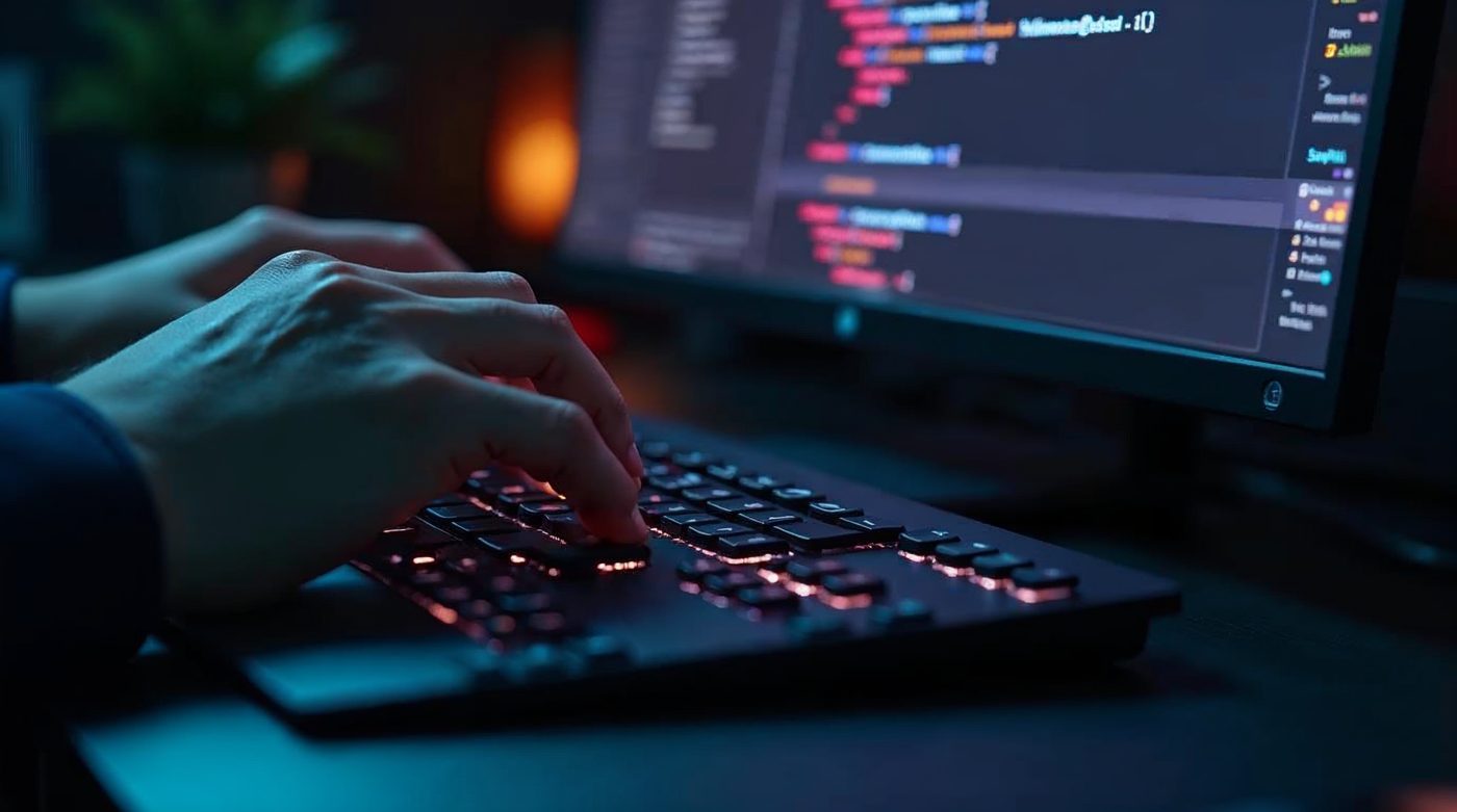 Hands typing on mechanical keyboard with code and AI suggestions