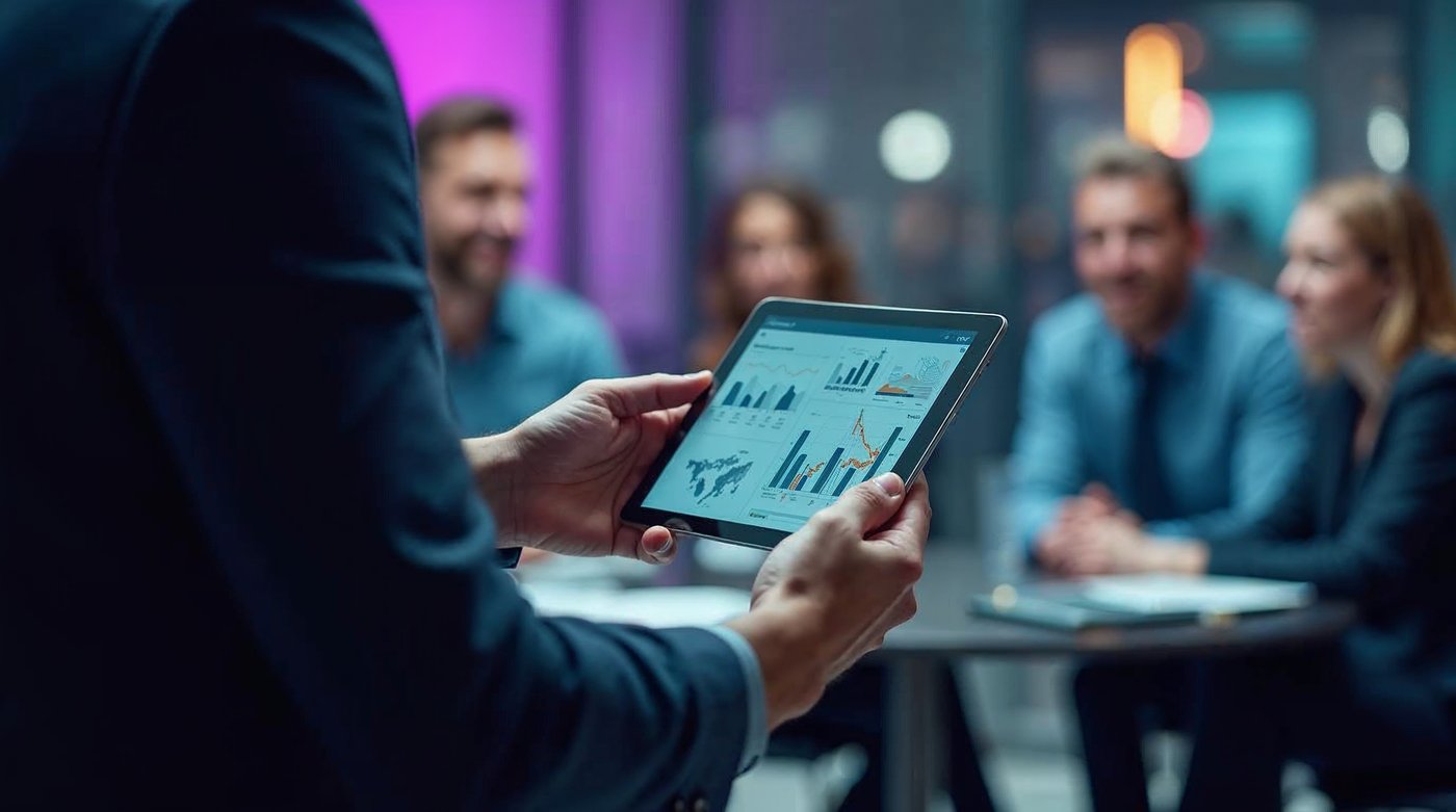 Detalle de tablet con dashboard de IA durante una sesión de formación corporativa