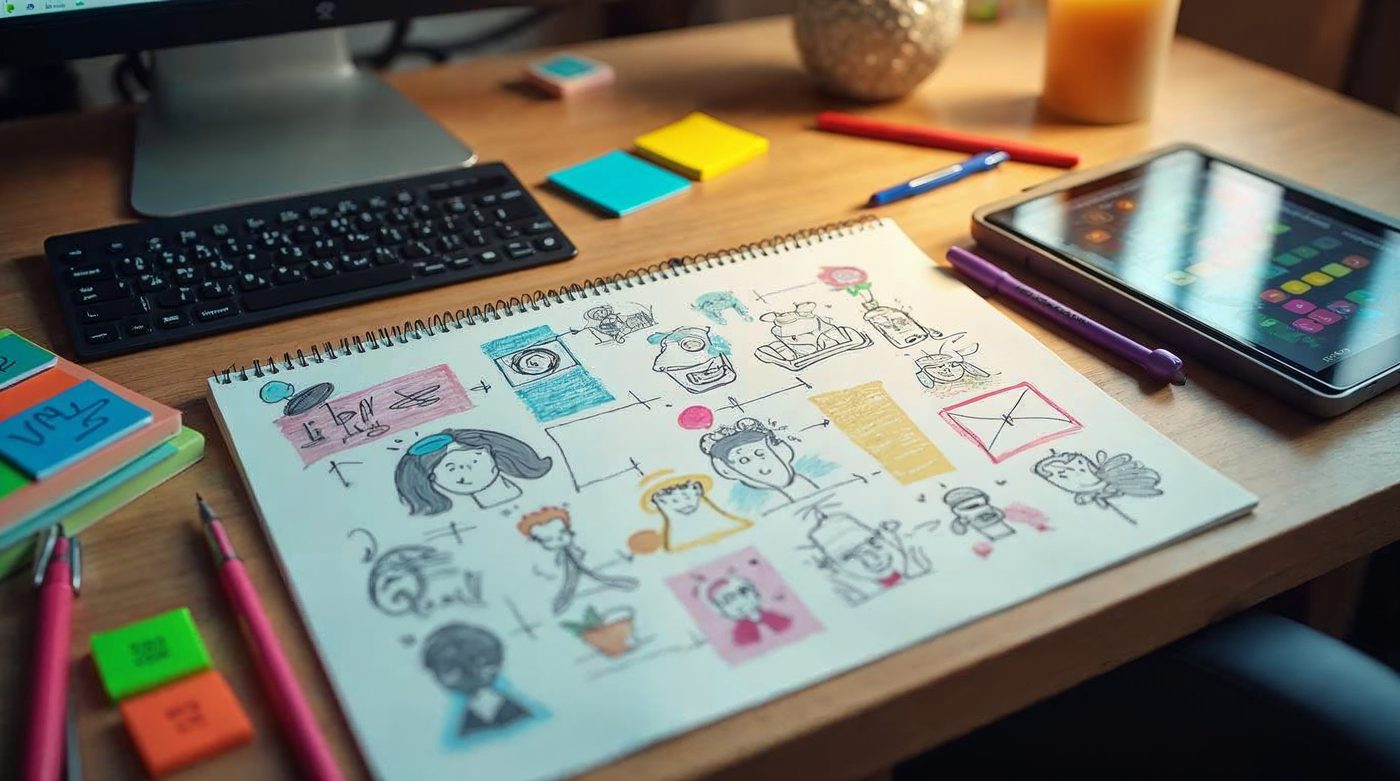 Sketches de mecánicas gamificación con sticky notes y prototipo