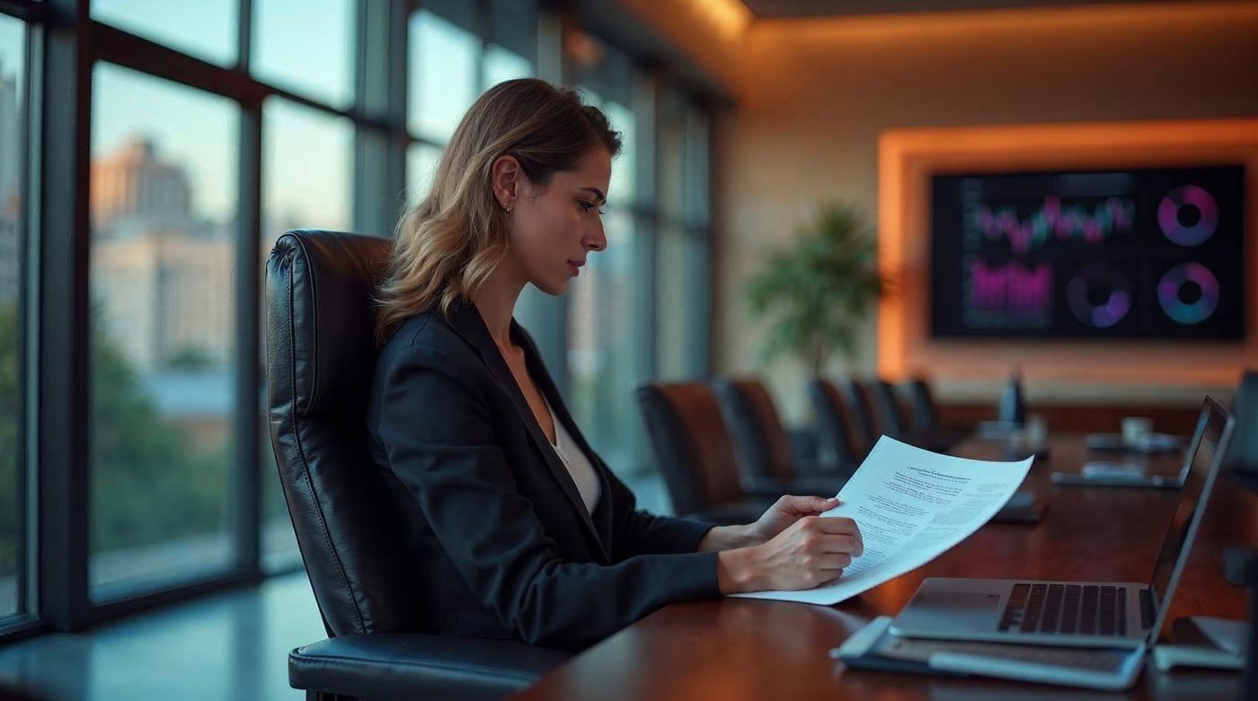Directiva ejecutiva analizando documentos estratégicos en una oficina de alta dirección