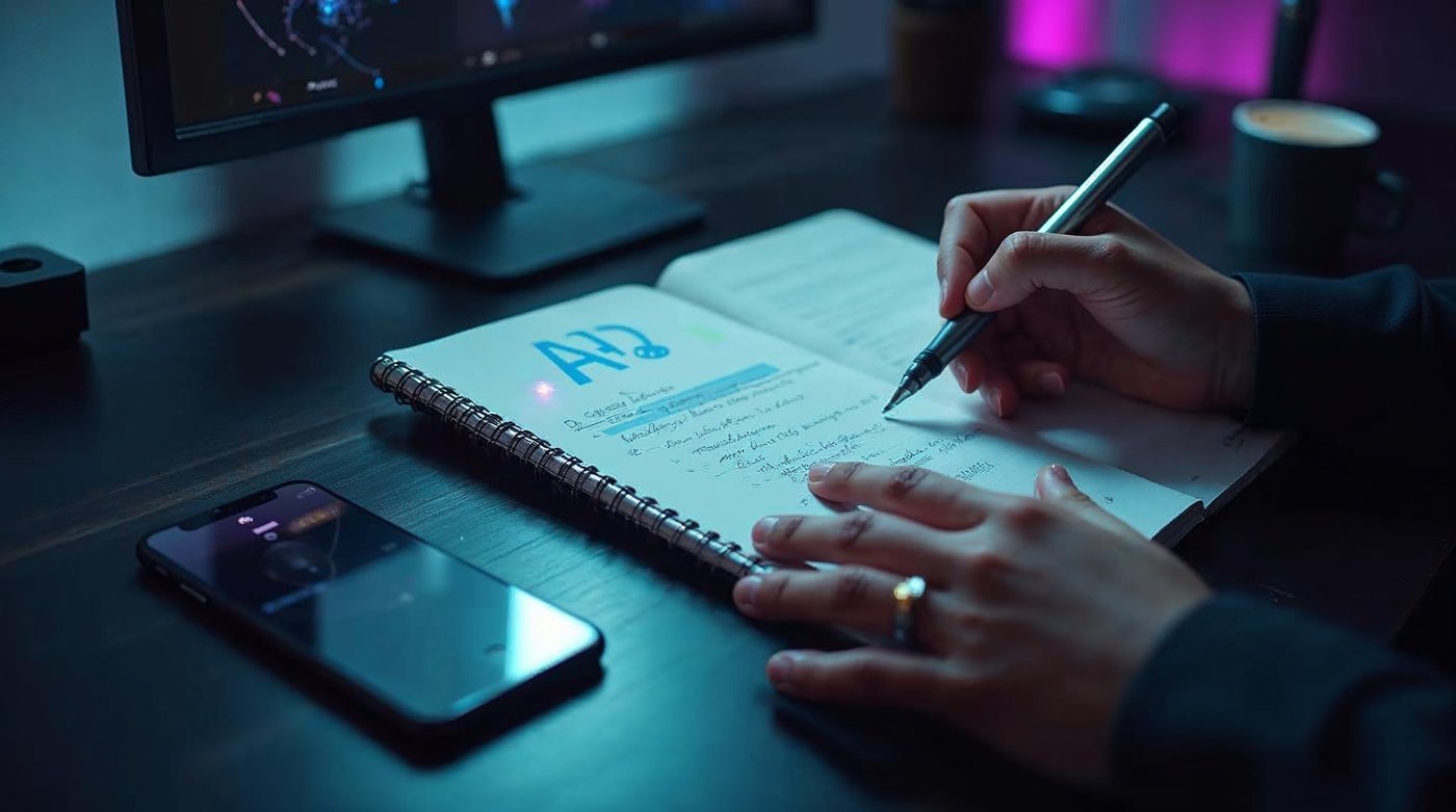 Profesional planificando estrategia de IA con notas y herramientas tecnológicas en un escritorio moderno