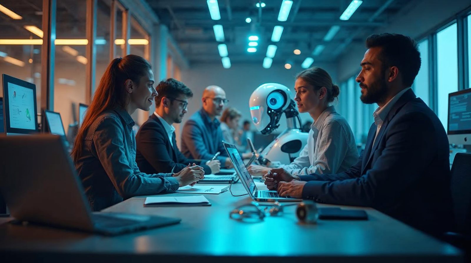 Profesionales colaborando con IA en oficina futurista