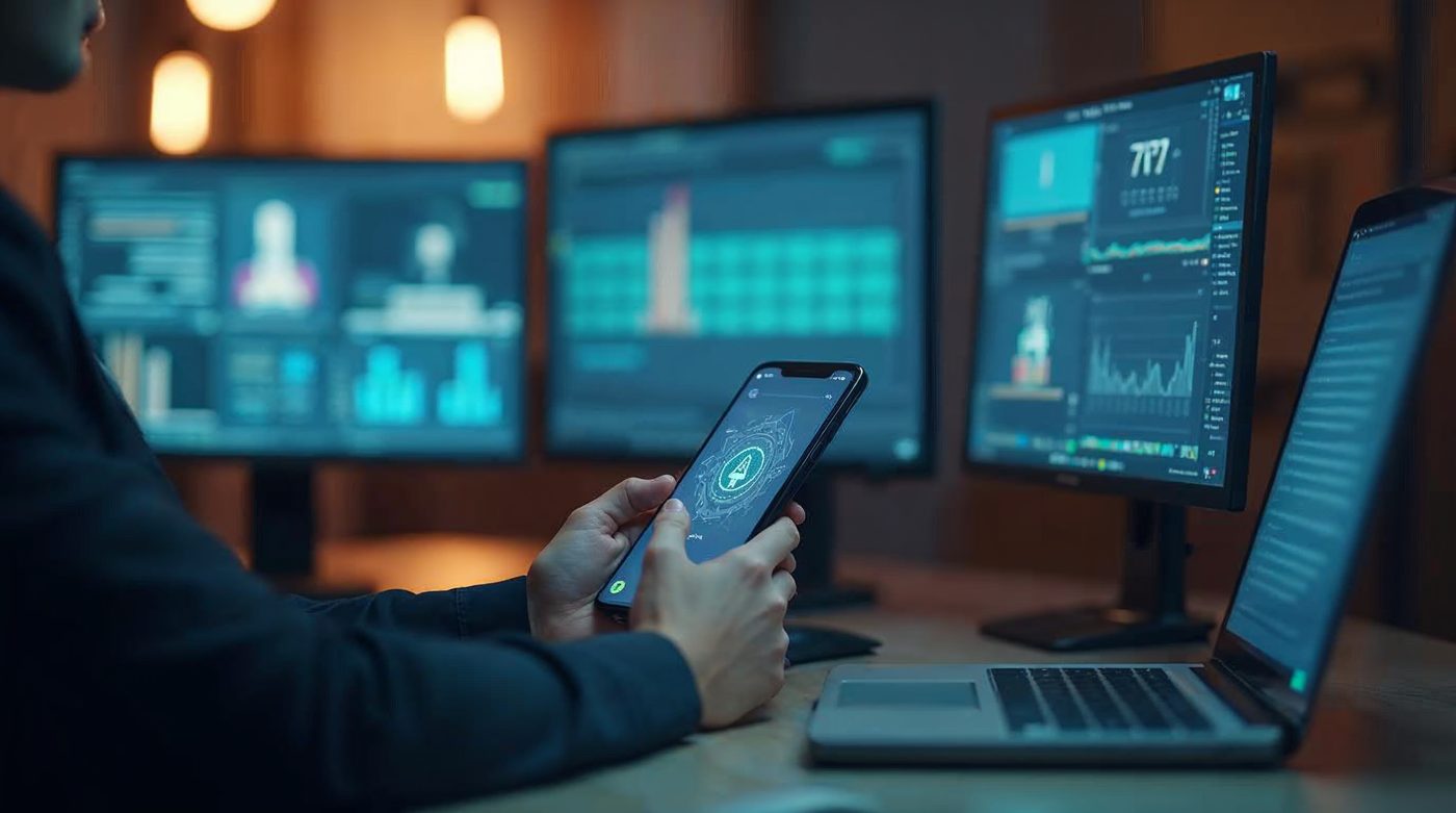 Manos con smartphone interfaz IA en colaboración profesional