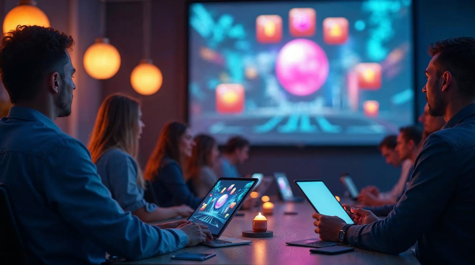 Sala de formación corporativa con leaderboard gamificado