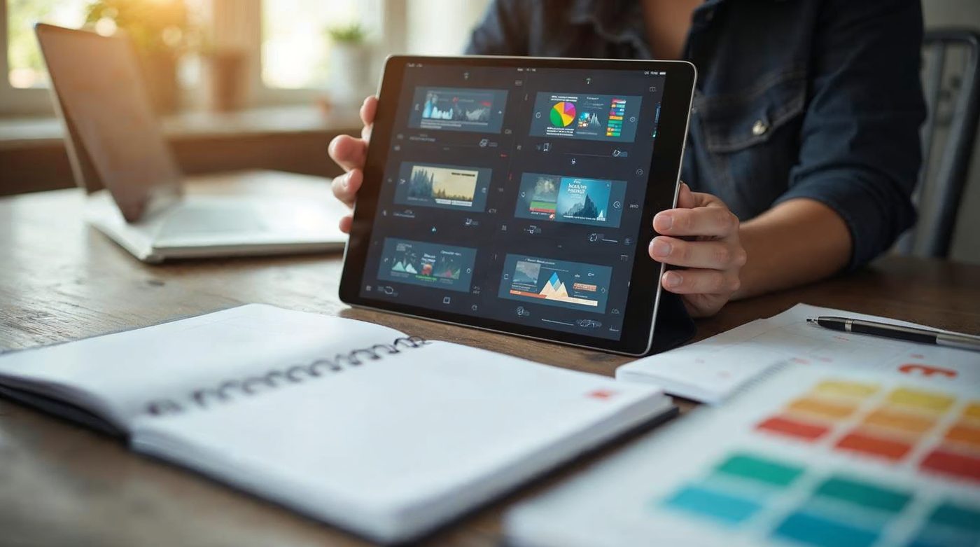 Workspace de diseñador con outline y plantillas de presentación