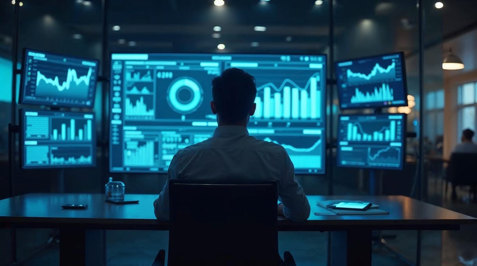 Ejecutivo bancario con dashboard financiero IA