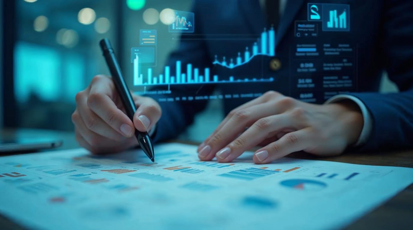 Manos trabajando con hojas financieras y asistente IA