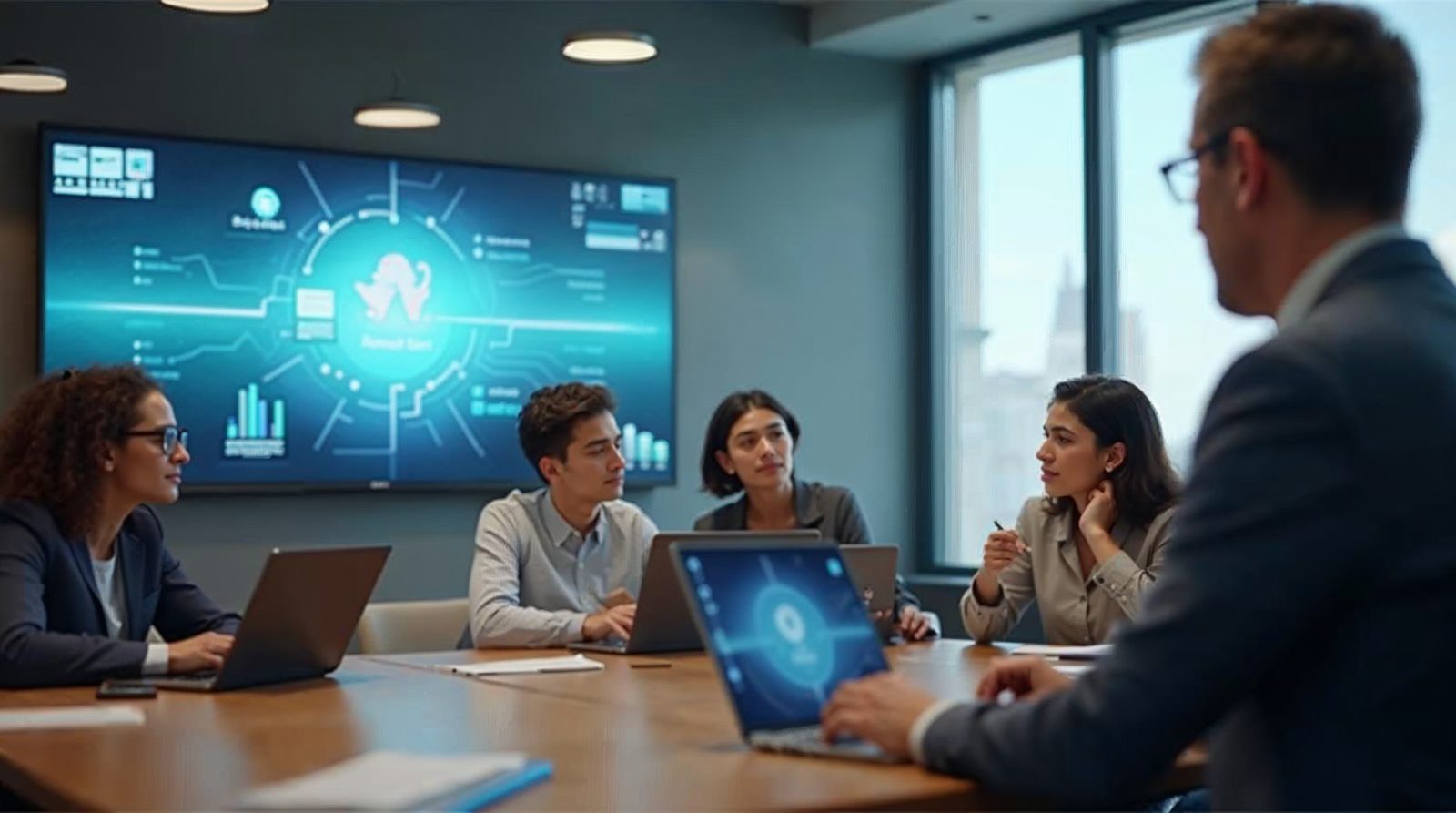 Aula moderna con estudiantes y profesor con IA