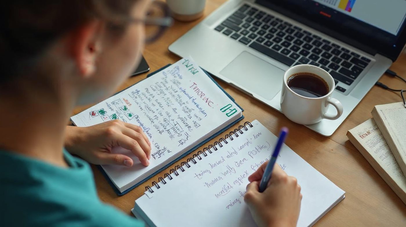 Estudiante con laptop y notas estudiando con IA