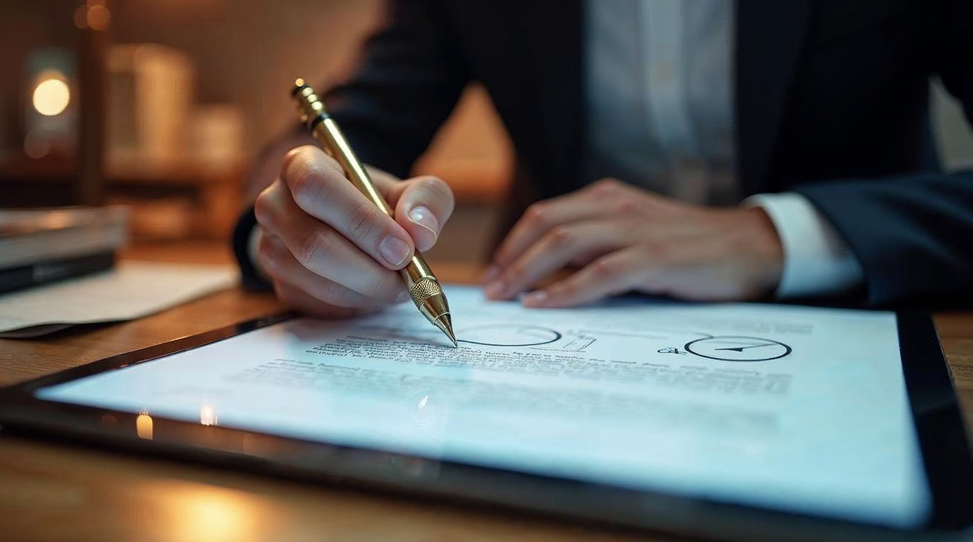 Contrato siendo analizado en tablet con IA