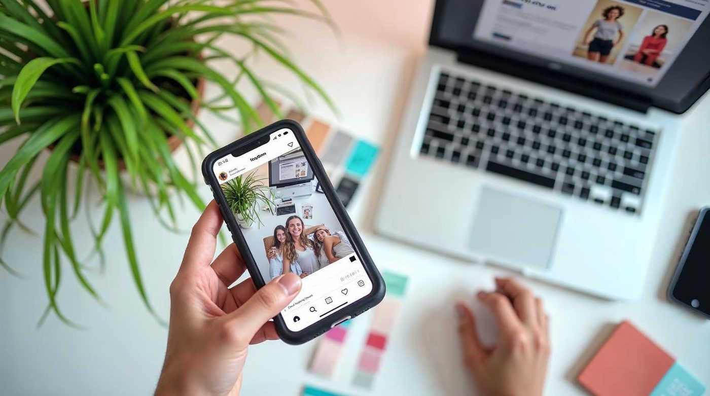 Workspace de marketing con calendario y diseños IA