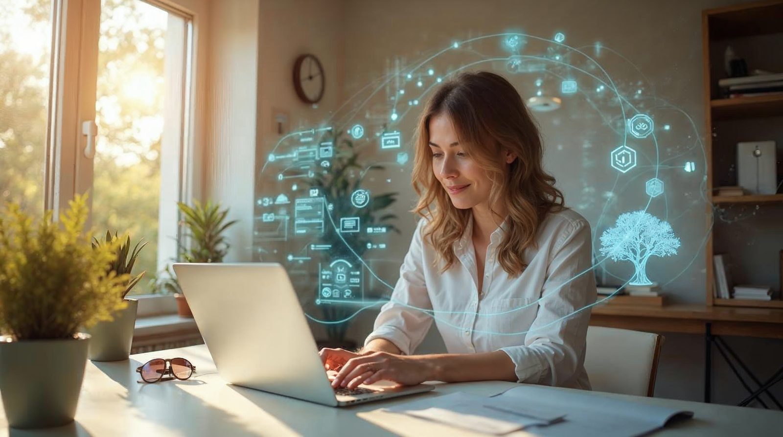 Autónoma trabajando con IA en escritorio