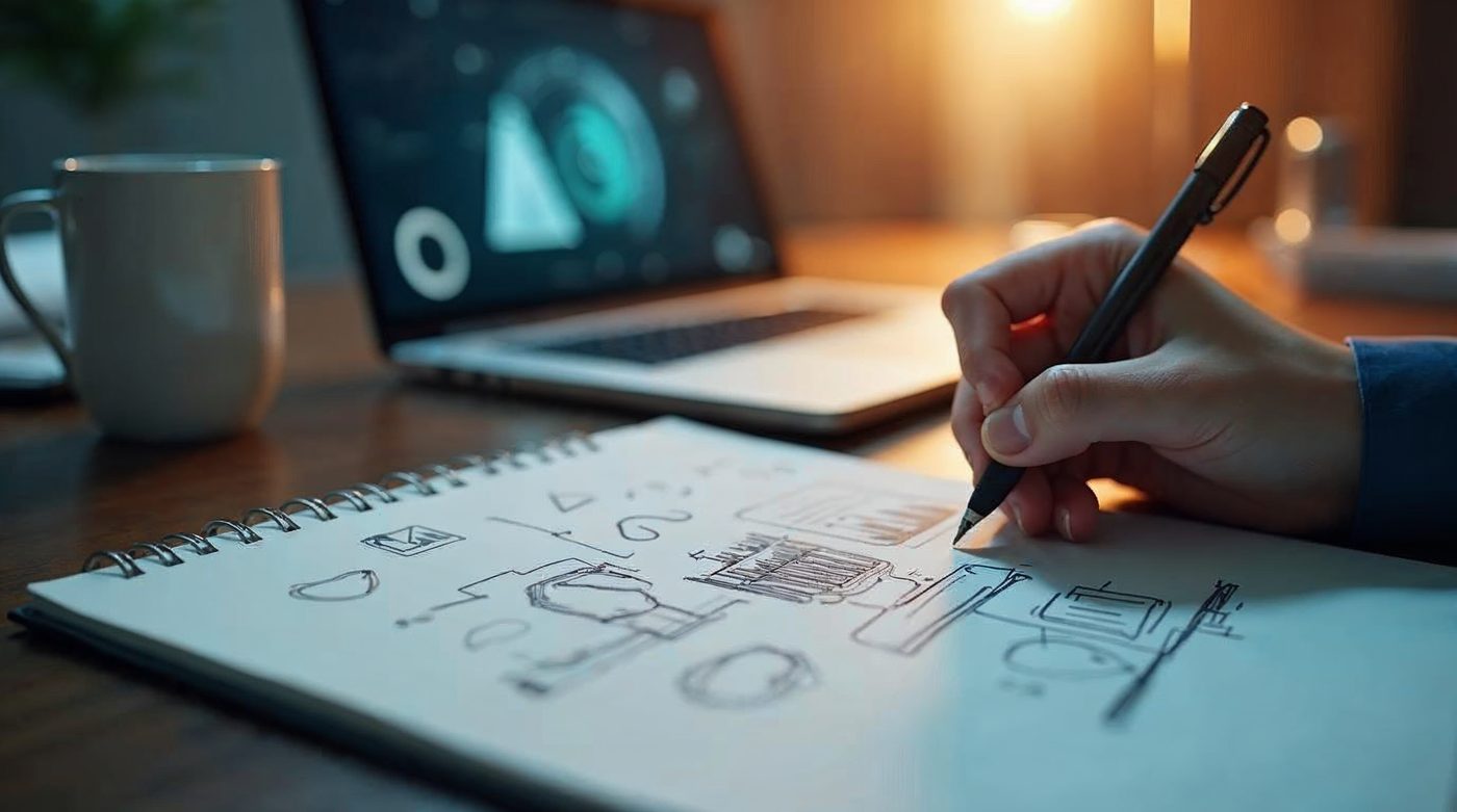 Mano dibujando business model canvas con asistente IA