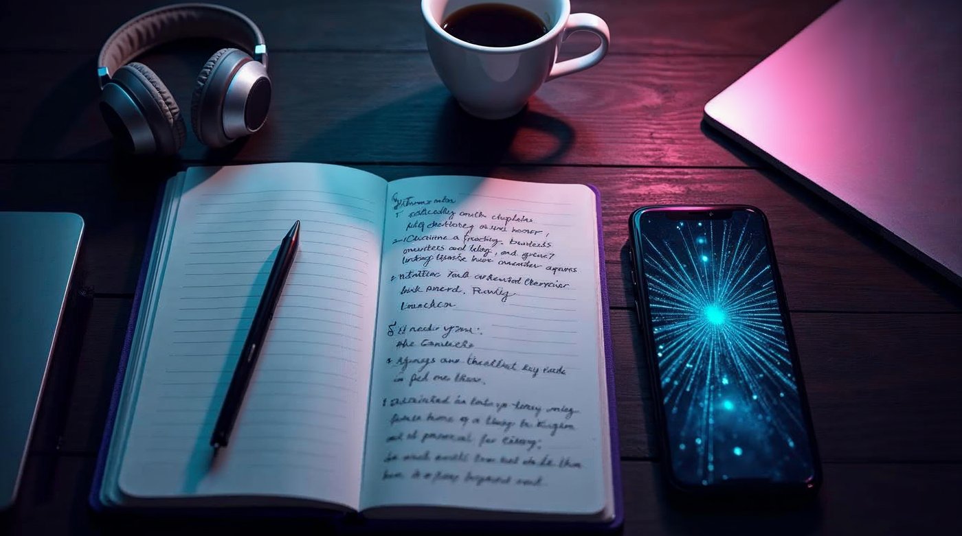 Mesa de trabajo con notebook, smartphone, tablet y herramientas de productividad