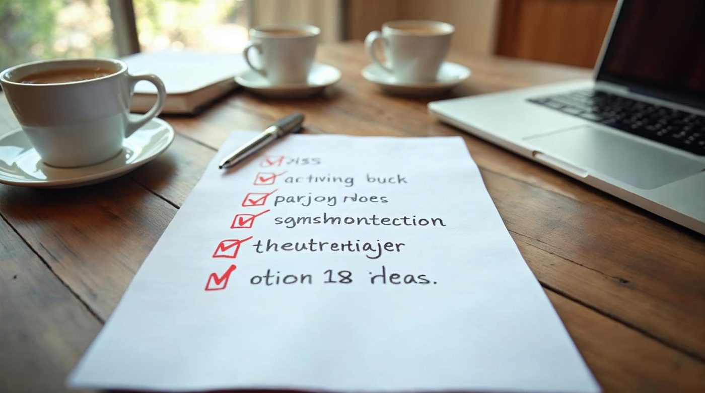 Notas de reunión con checkmarks y plan acción