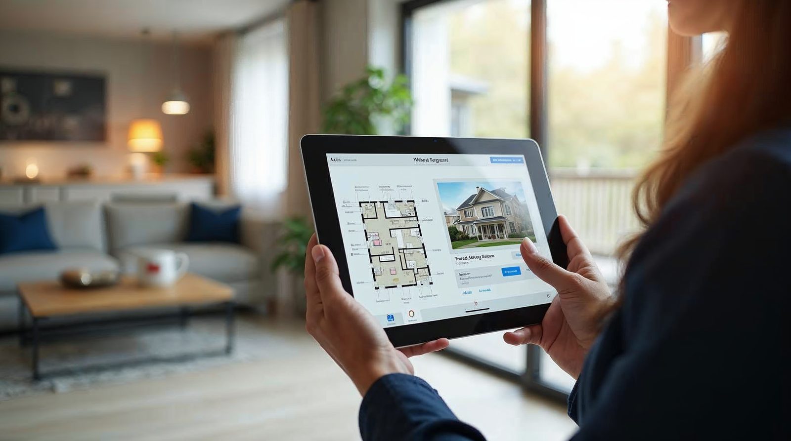 Agente inmobiliario con tablet mostrando tour virtual