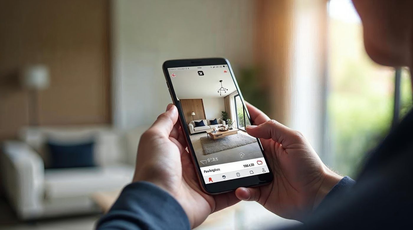Smartphone mostrando app inmobiliaria con tour virtual