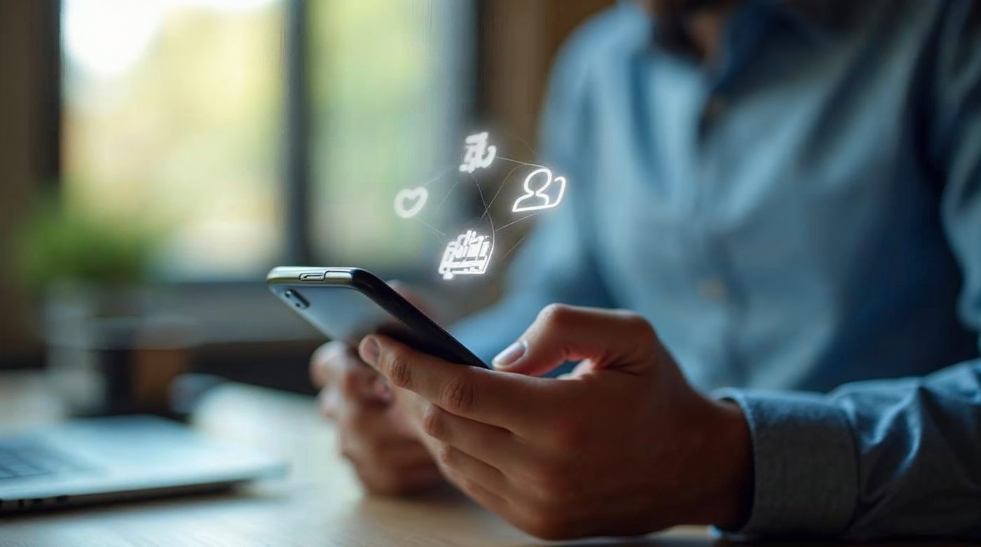 Smartphone componiendo post LinkedIn con métricas