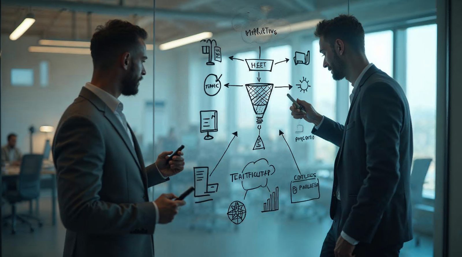 Founder estrategizando marketing en glass whiteboard