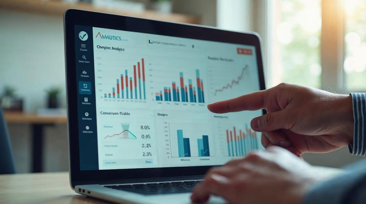 Laptop con dashboard analytics de marketing con embudo y conversión