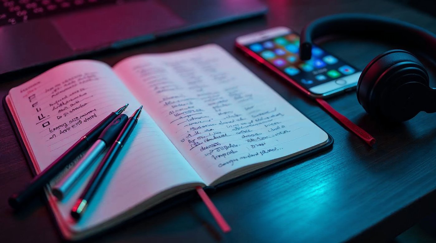 Mesa con apps de productividad organizadas y notas comparativas