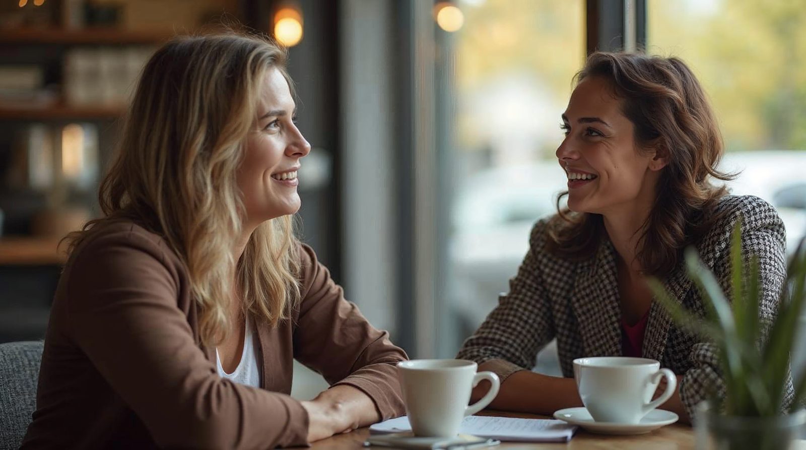 Mentora senior y mentee en conversación profesional