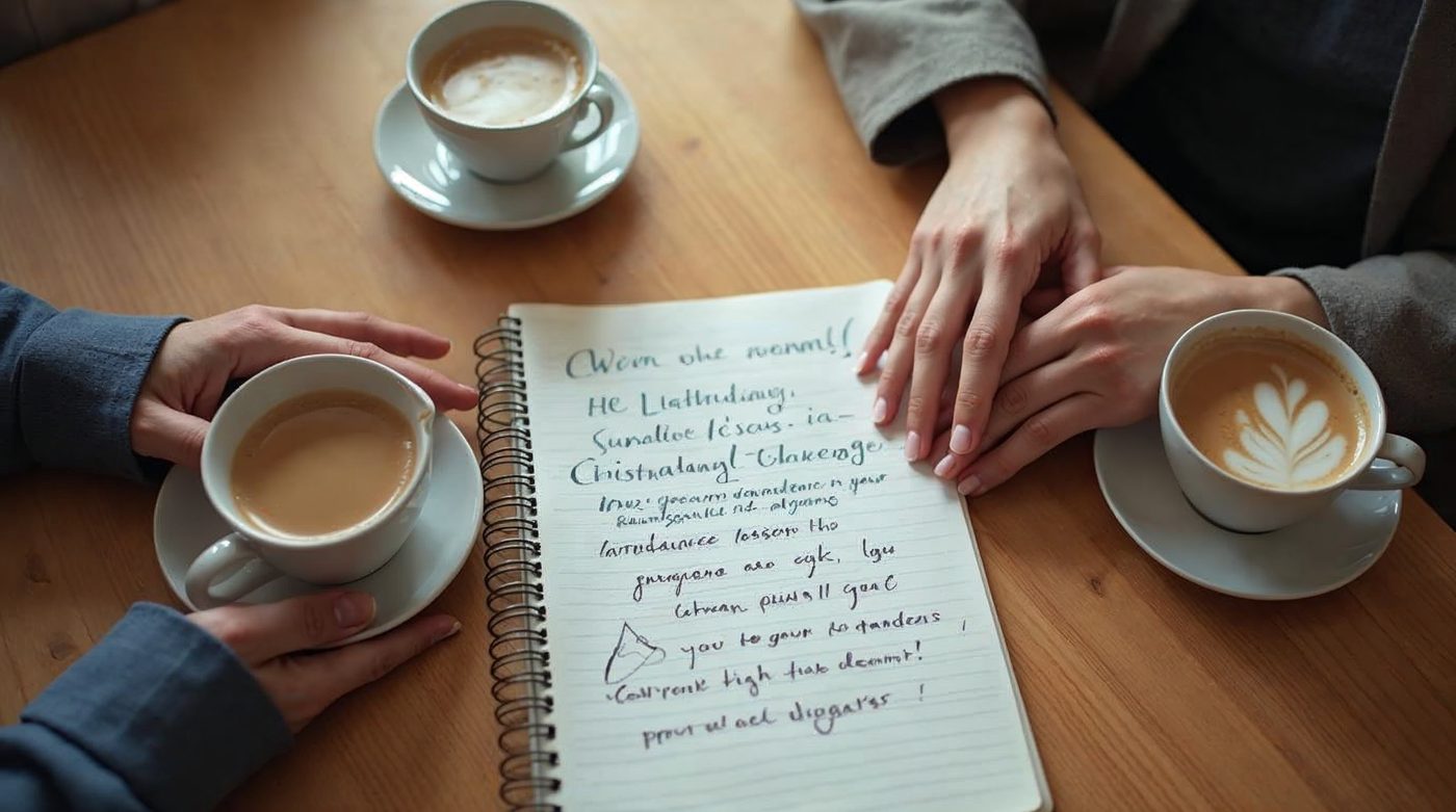 Cuaderno con metas y dos cafés en mesa