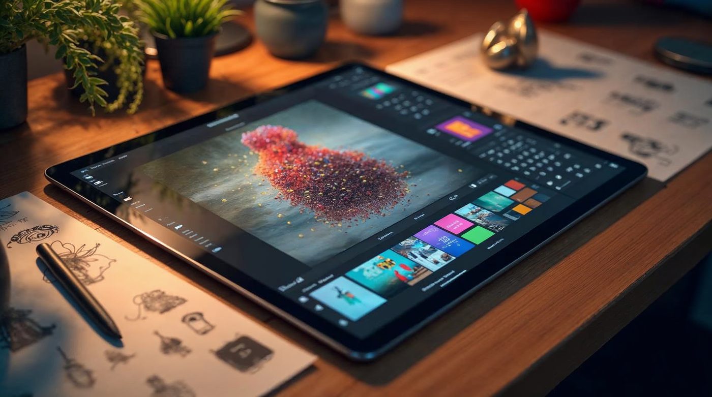 Workspace de diseñador con tablet de generación de imagen IA