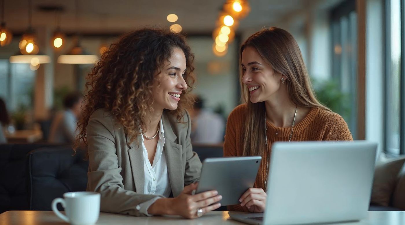 Dos profesionales mujeres en tech discutiendo proyecto