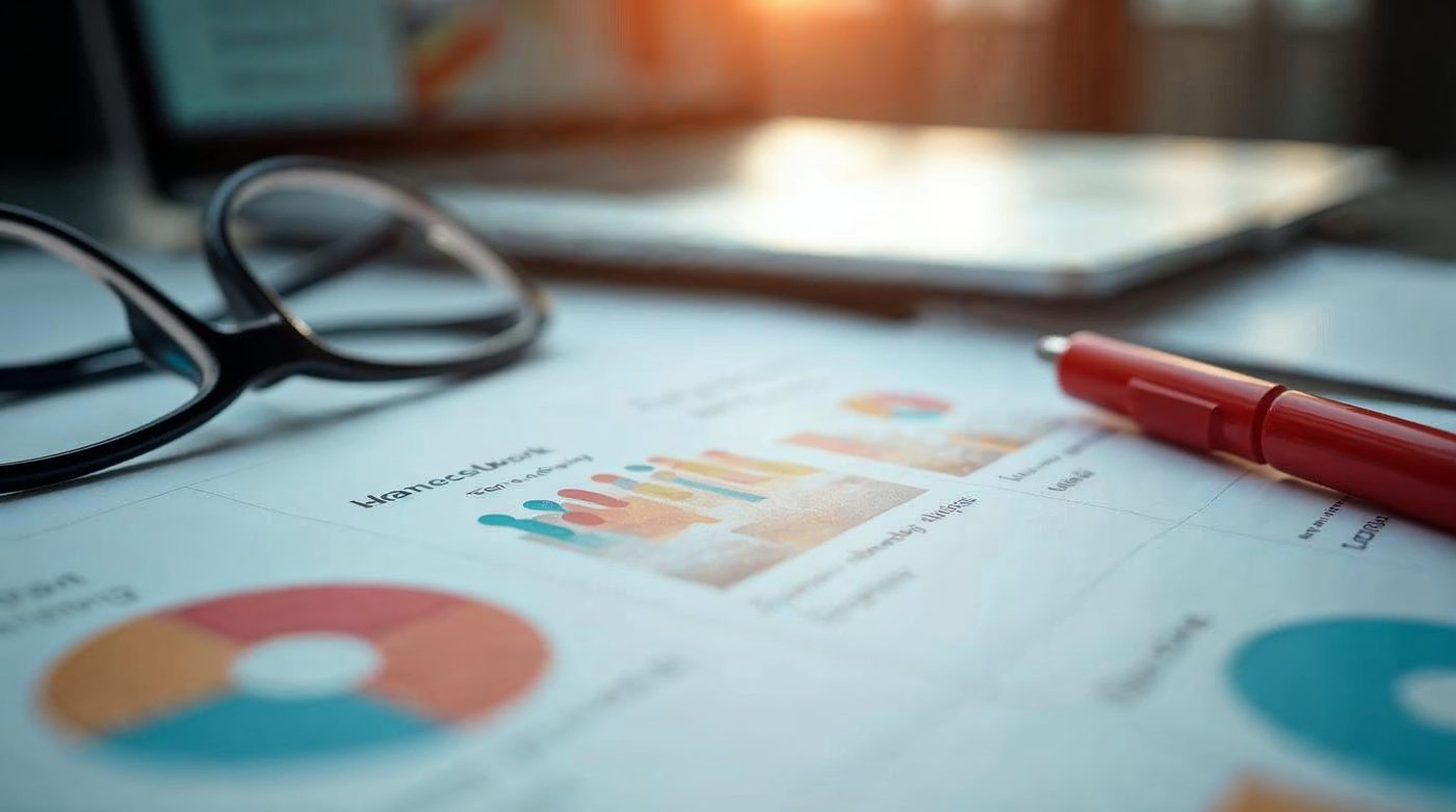 Pitch deck slides en escritorio con notas y revisión