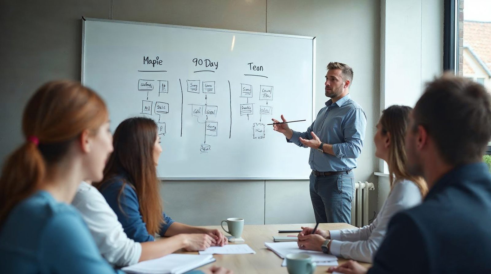 Trainer con whiteboard plan 90 días IA