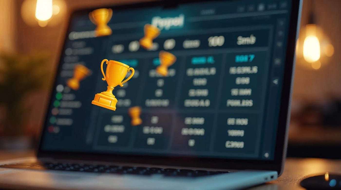 Trofeos y badges flotando sobre tabla comparativa de plataformas