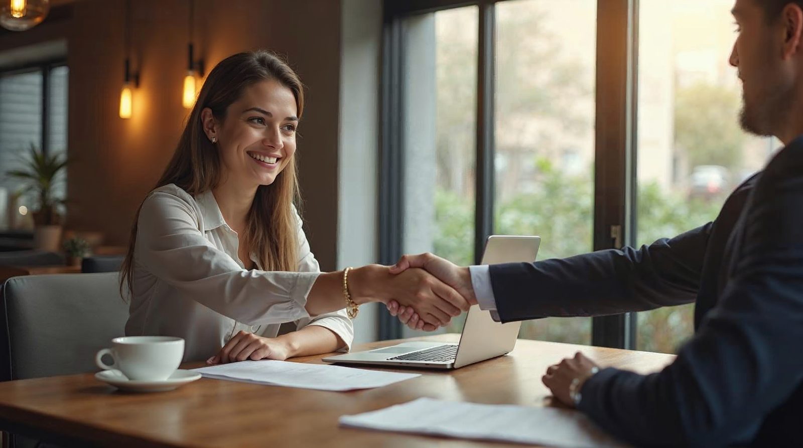 Founder cerrando primer cliente en reunión con café