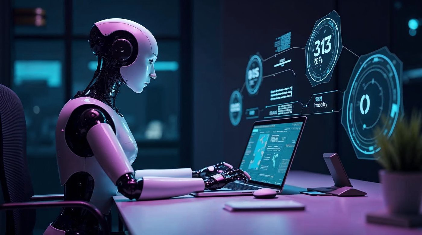 Robot IA trabajando autónomamente en múltiples tareas