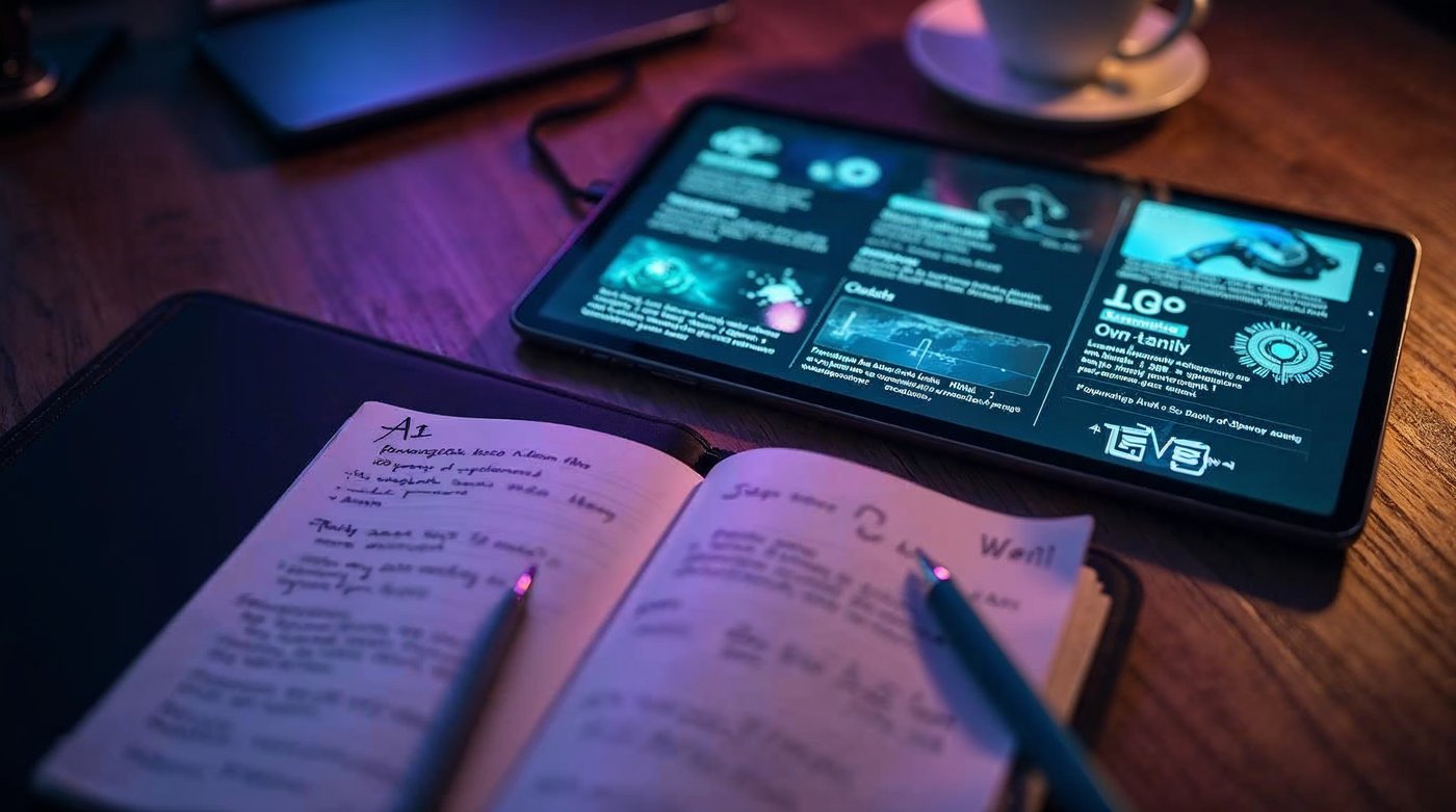 Workspace creativo con IA generativa generando ideas y contenido