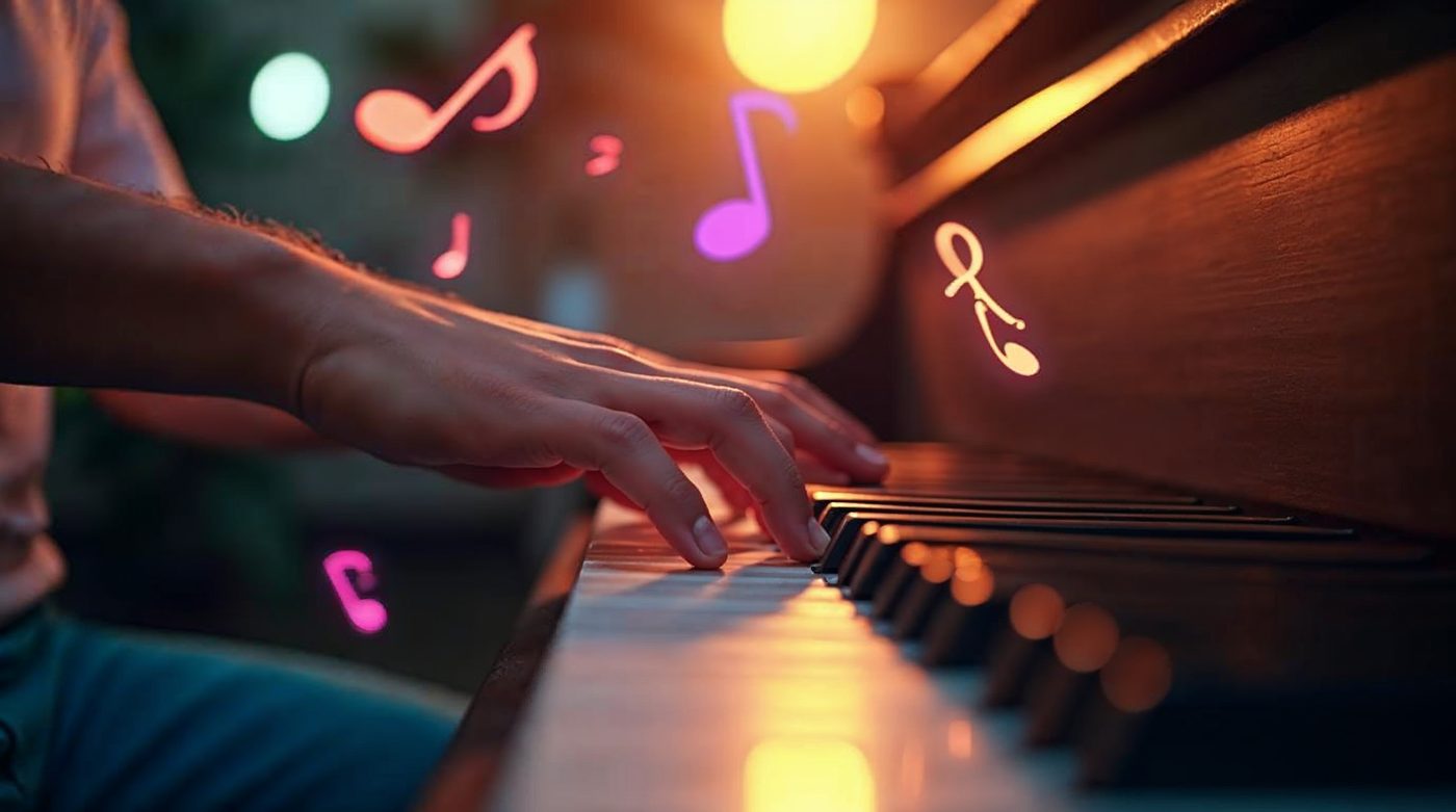 Manos tocando piano con notas musicales generadas por IA