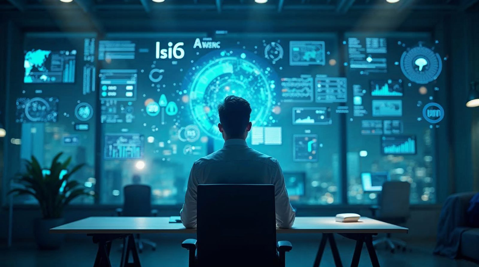 Workspace futurista con interfaces holográficas IA