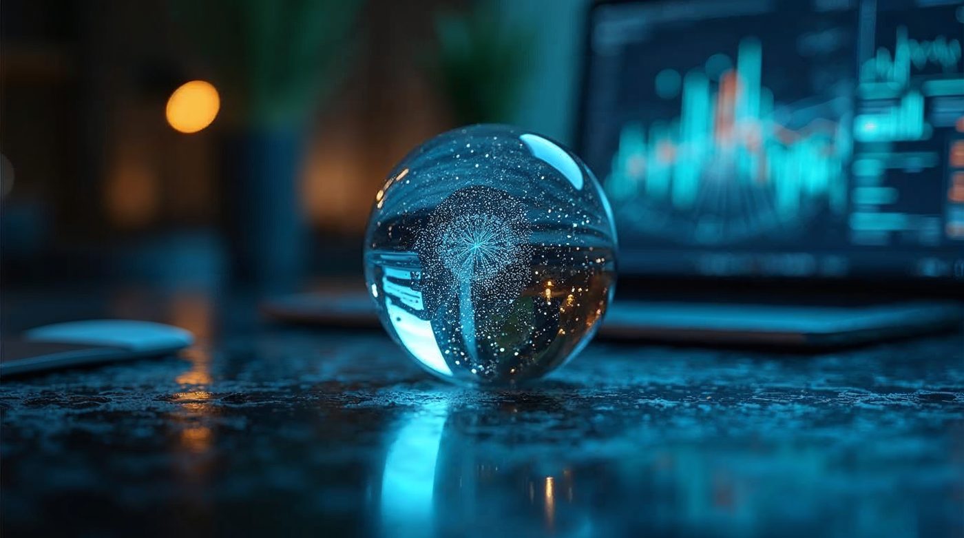 Bola de cristal en escritorio con patrones IA reflejados