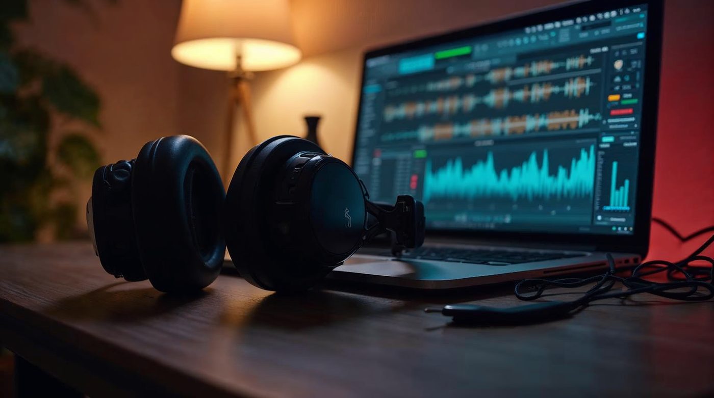 Auriculares y software de edición de audio en escritorio